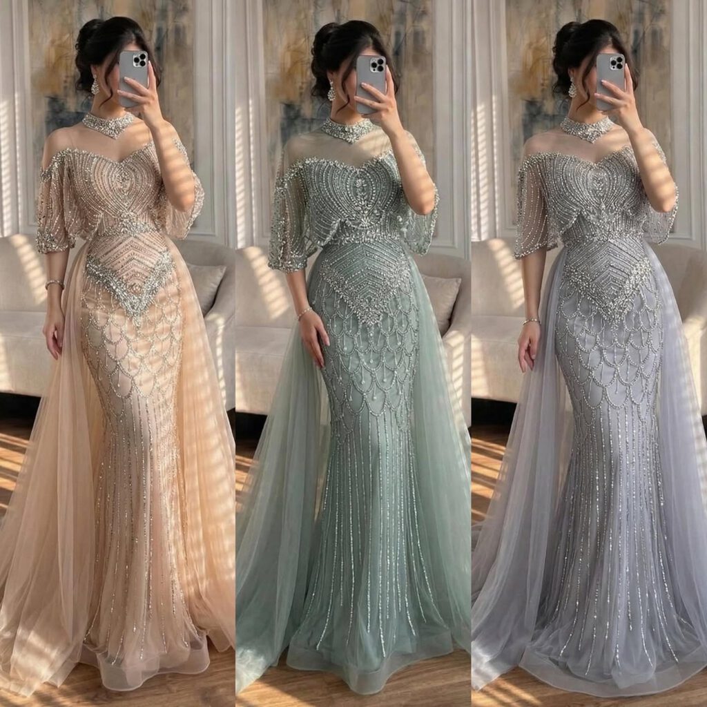 Nove Dress grau Abendkleid mit Perlenstickerei und Überrock