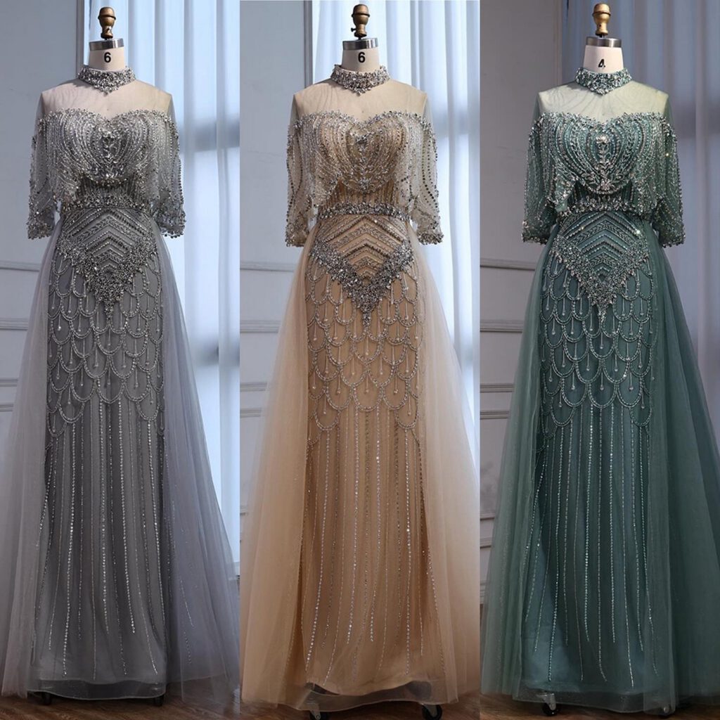 Nove Dress grau Abendkleid mit Perlenstickerei und Überrock