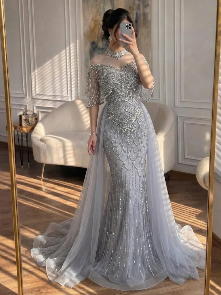 Nove Dress grau Abendkleid mit Perlenstickerei und Überrock