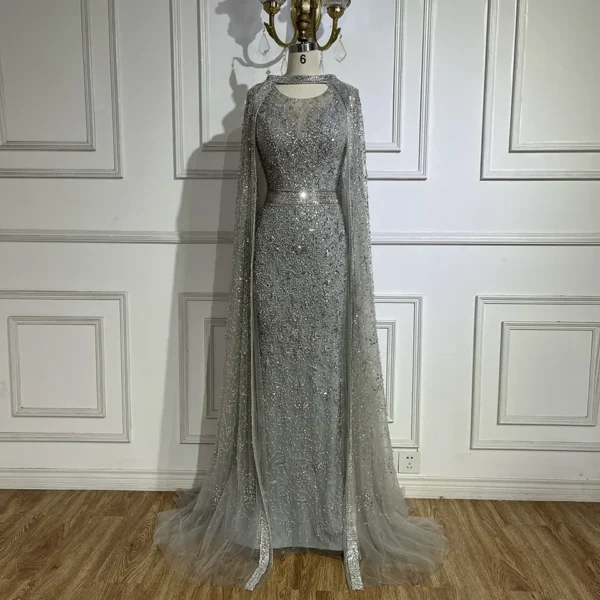 Nove Dress Gray Beaded Overskirt Mermaid Arabic Evening Dress 1 - Nove Dress