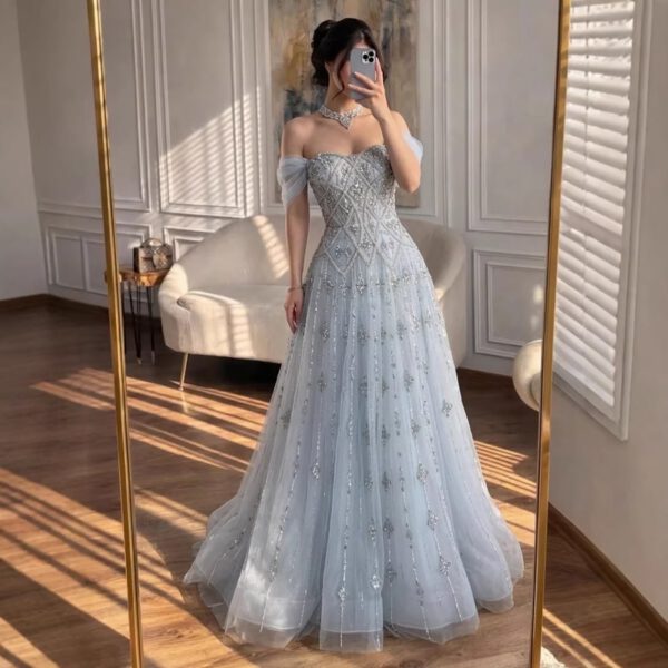 Nove Dress Gray Blue Beaded Lace A-Line Evening Dress 1 - Nove Dress