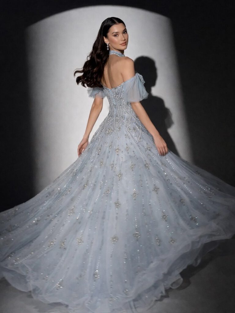 Nove Dress فستان سهرة أزرق رمادي قصة A-line مطرز دانتيل