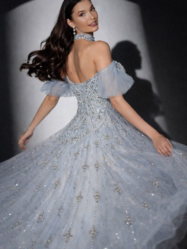 Nove Dress فستان سهرة أزرق رمادي قصة A-line مطرز دانتيل