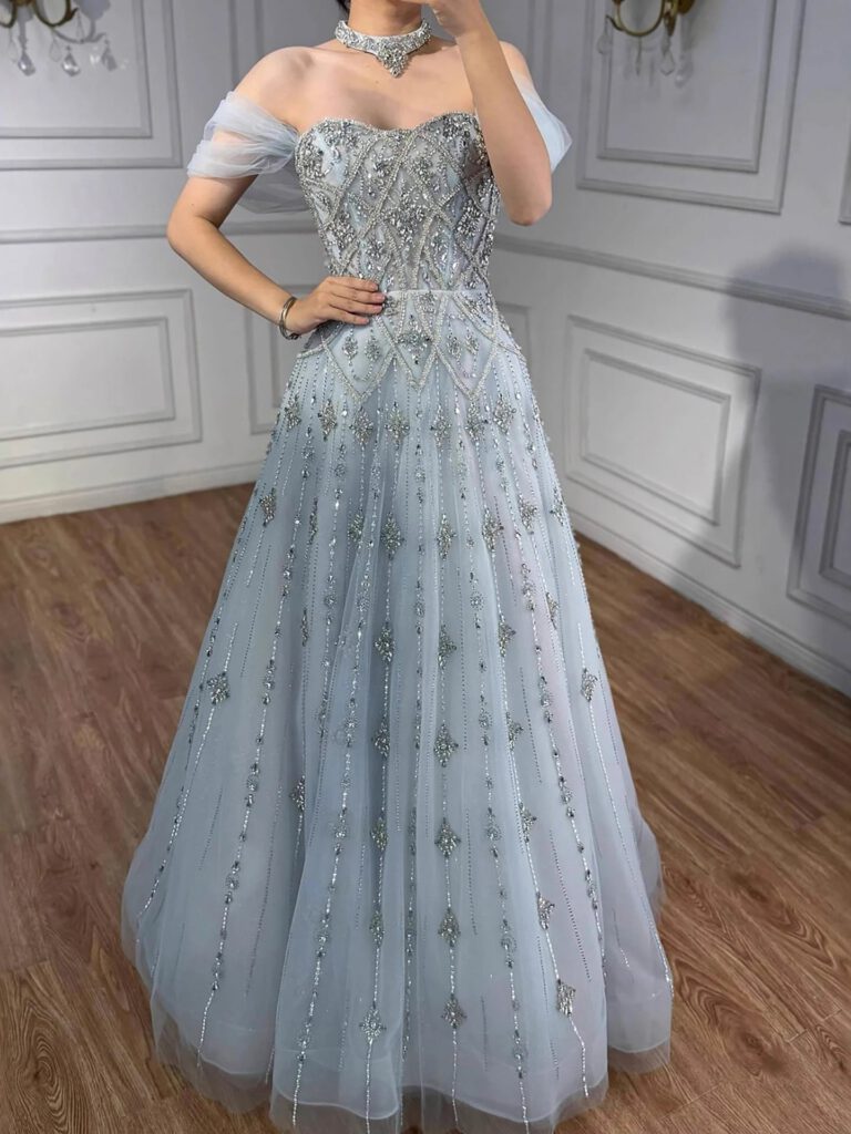 Nove Dress فستان سهرة أزرق رمادي قصة A-line مطرز دانتيل