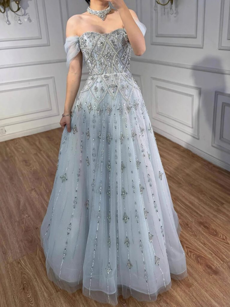 Nove Dress فستان سهرة أزرق رمادي قصة A-line مطرز دانتيل
