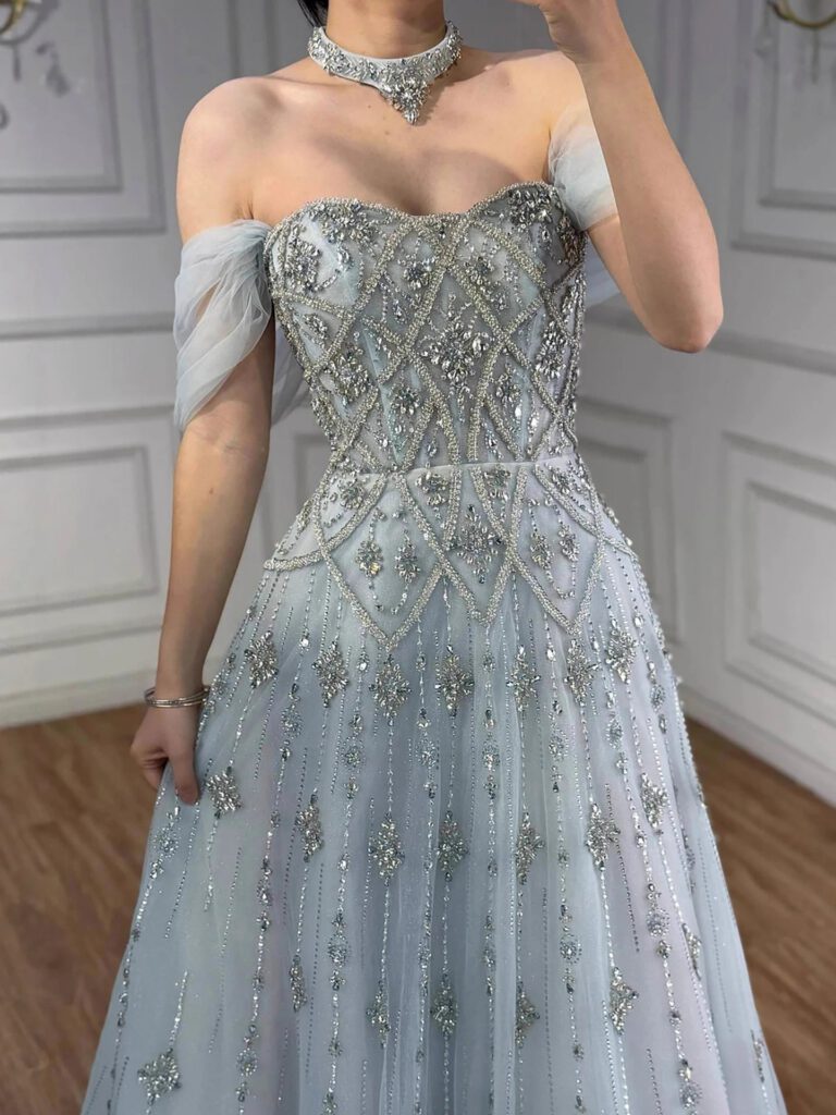 Nove Dress فستان سهرة أزرق رمادي قصة A-line مطرز دانتيل