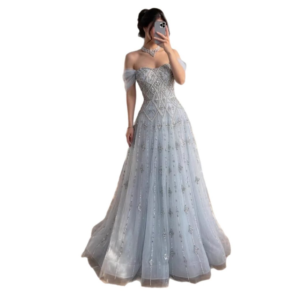 Nove Dress فستان سهرة أزرق رمادي قصة A-line مطرز دانتيل