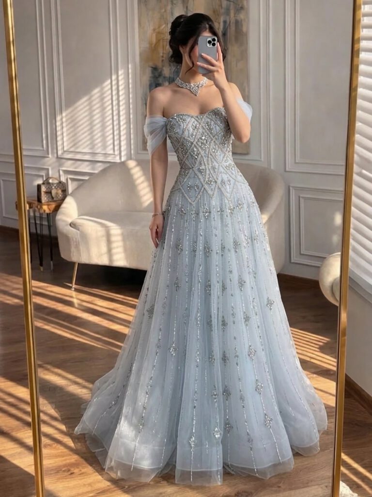 Nove Dress فستان سهرة أزرق رمادي قصة A-line مطرز دانتيل