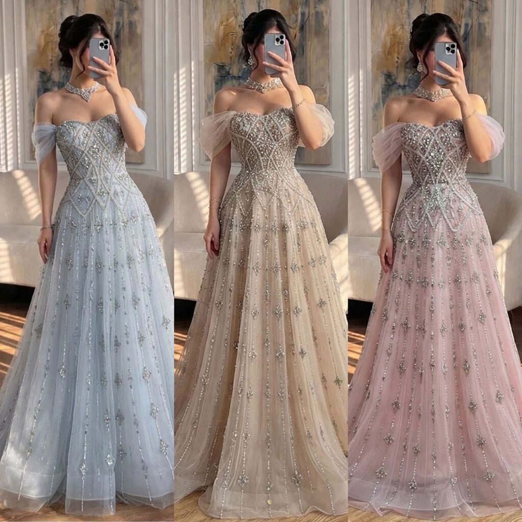 Nove Dress فستان سهرة أزرق رمادي قصة A-line مطرز دانتيل