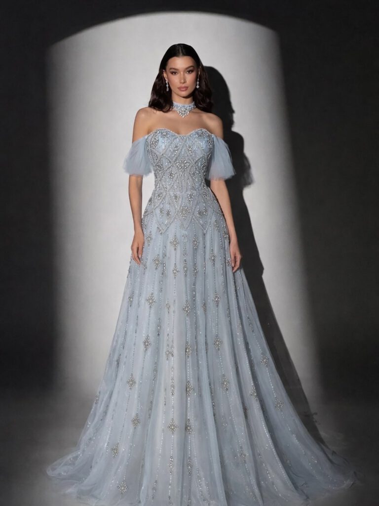Nove Dress فستان سهرة أزرق رمادي قصة A-line مطرز دانتيل