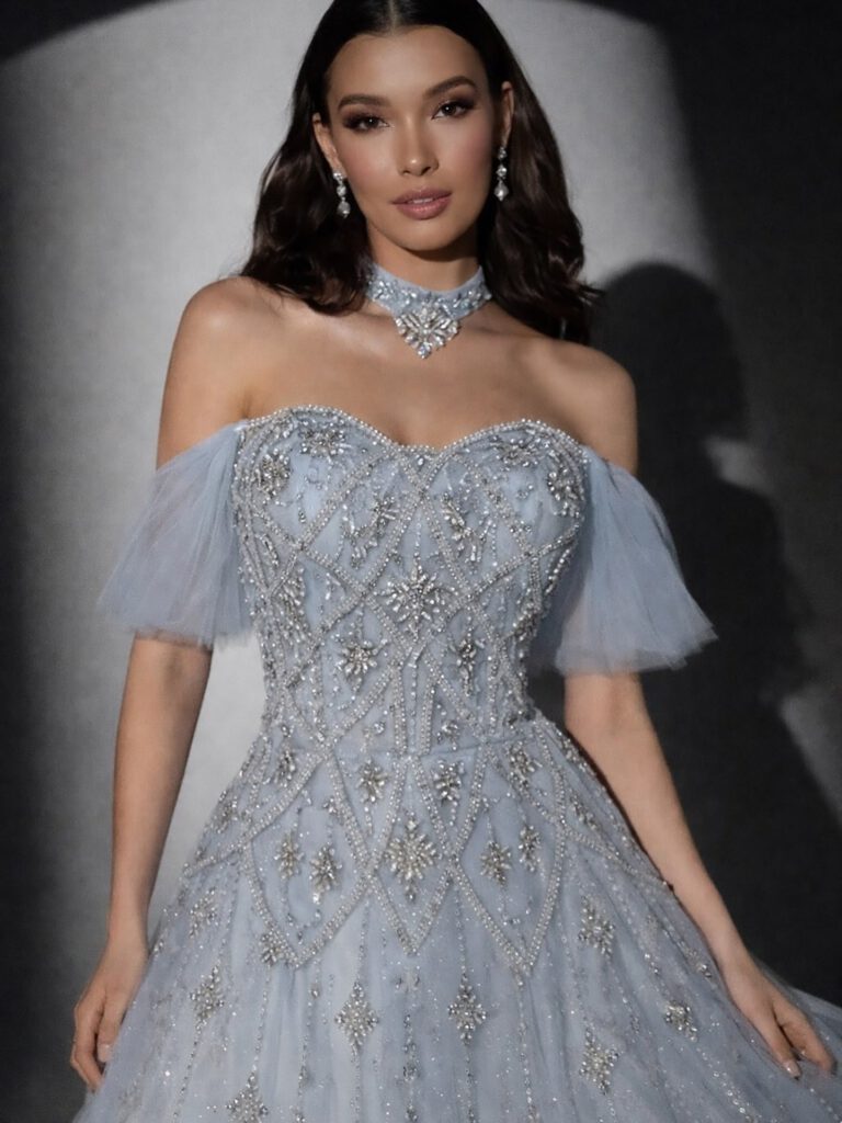 Nove Dress فستان سهرة أزرق رمادي قصة A-line مطرز دانتيل