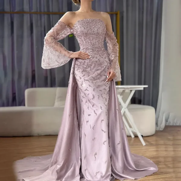 Nove Dress Gray Blue Pearl Beaded Overskirt Strapless Arabic Evening Dress 1 - Nove Dress