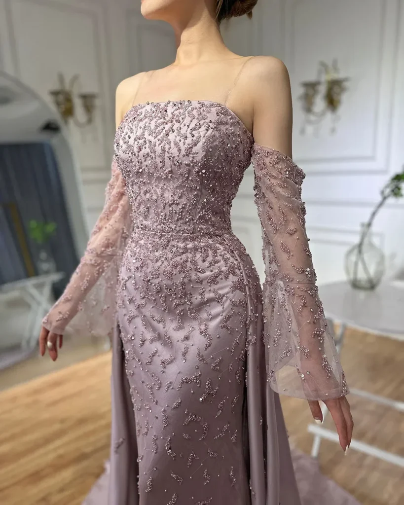 Nove Dress Gray Blue Pearl Beaded Overskirt Strapless Arabic Evening Dress