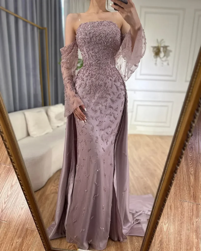 Nove Dress Gray Blue Pearl Beaded Overskirt Strapless Arabic Evening Dress