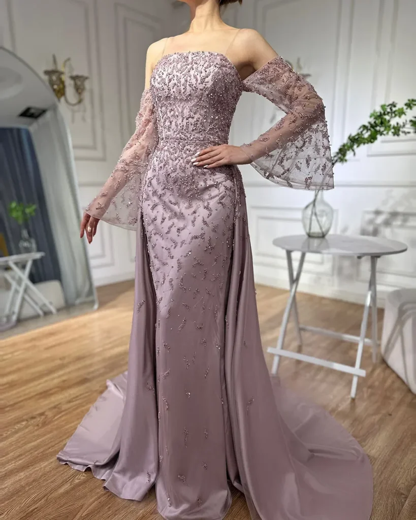 Nove Dress Gray Blue Pearl Beaded Overskirt Strapless Arabic Evening Dress