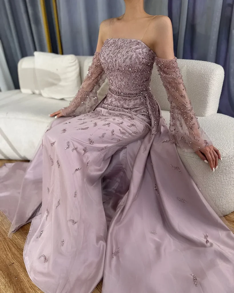 Nove Dress Gray Blue Pearl Beaded Overskirt Strapless Arabic Evening Dress