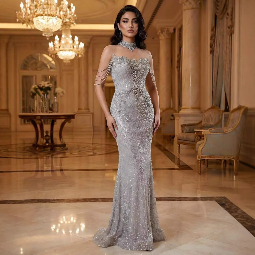 Nove Dress Gray Crystal Beaded Mermaid Evening Dress