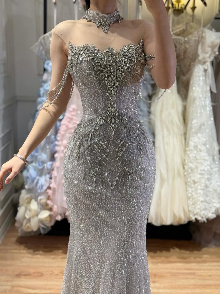 Nove Dress Gray Crystal Beaded Mermaid Evening Dress