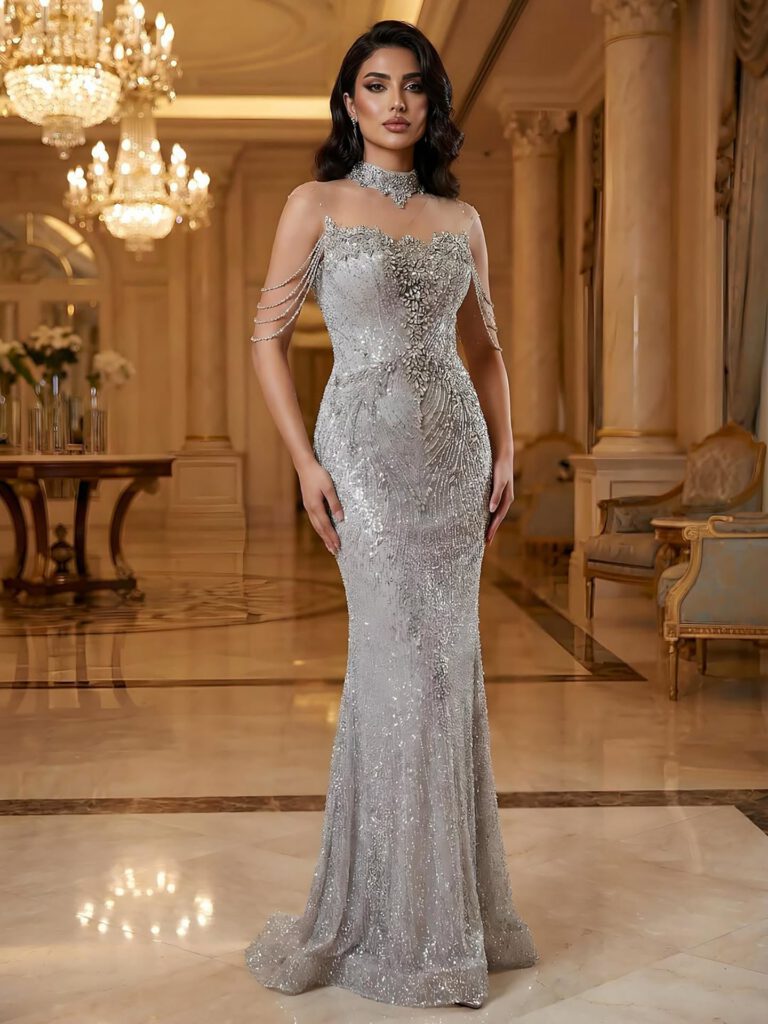 Nove Dress Gray Crystal Beaded Mermaid Evening Dress