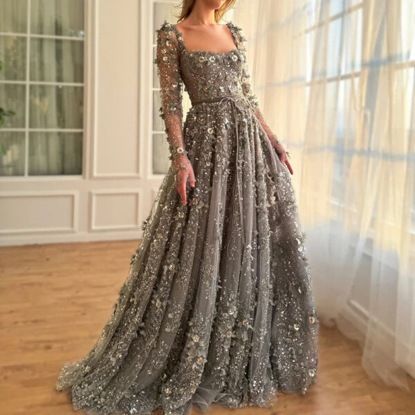 Nove Dress Gray Long Sleeve A-Line Arabic Evening Dress 1 - Nove Dress