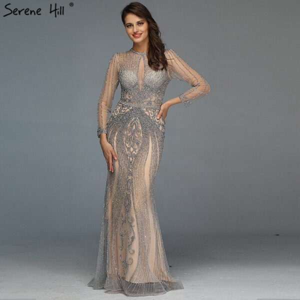 Nove Dress Gray Long Sleeve Mermaid Arabic Evening Dress 1 - Nove Dress