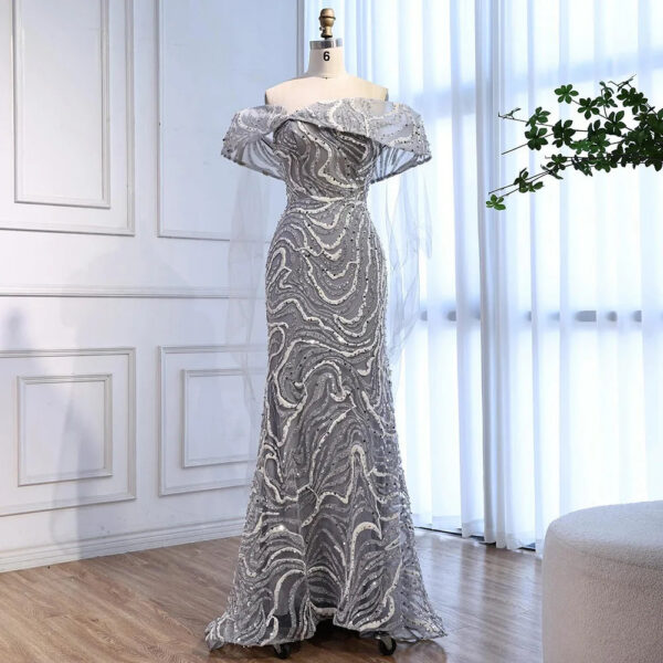 Nove Dress Gray Sparkle Cape Sleeve Evening Dress 1 - Nove Dress