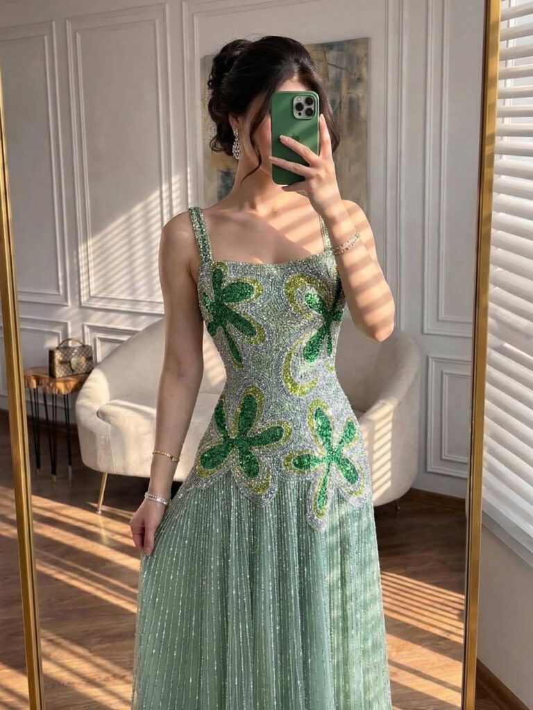 Nove Dress groen avondjurk met borduurwerk in Arabische stijl