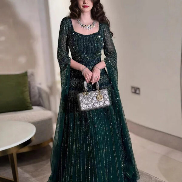 Nove Dress Green Beaded Cape Sleeve Evening Dress 1 - Nove Dress