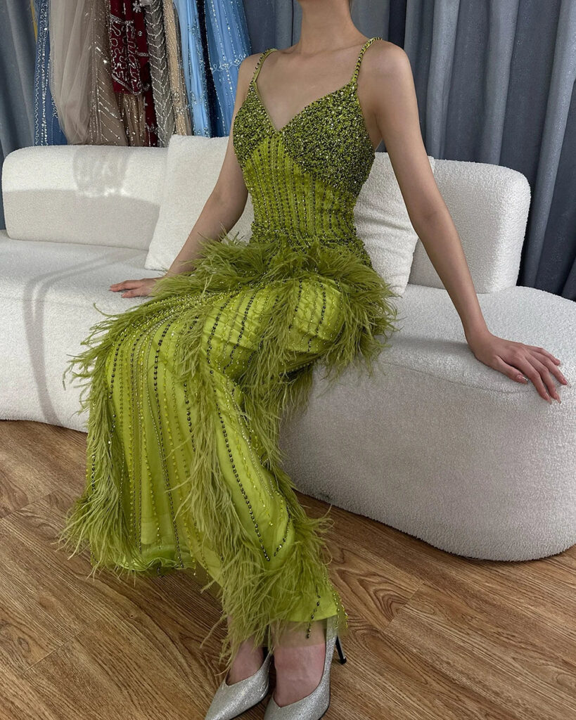 Nove Dress Green Beaded Feather Mermaid Evening Dress