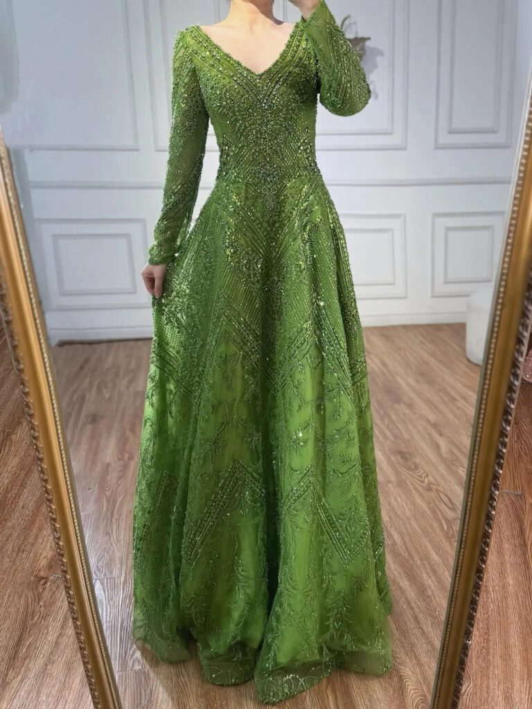 Nove Dress Green Beaded Lace Long Sleeve Evening Dress