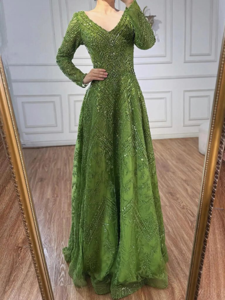 Nove Dress Green Beaded Lace Long Sleeve Evening Dress
