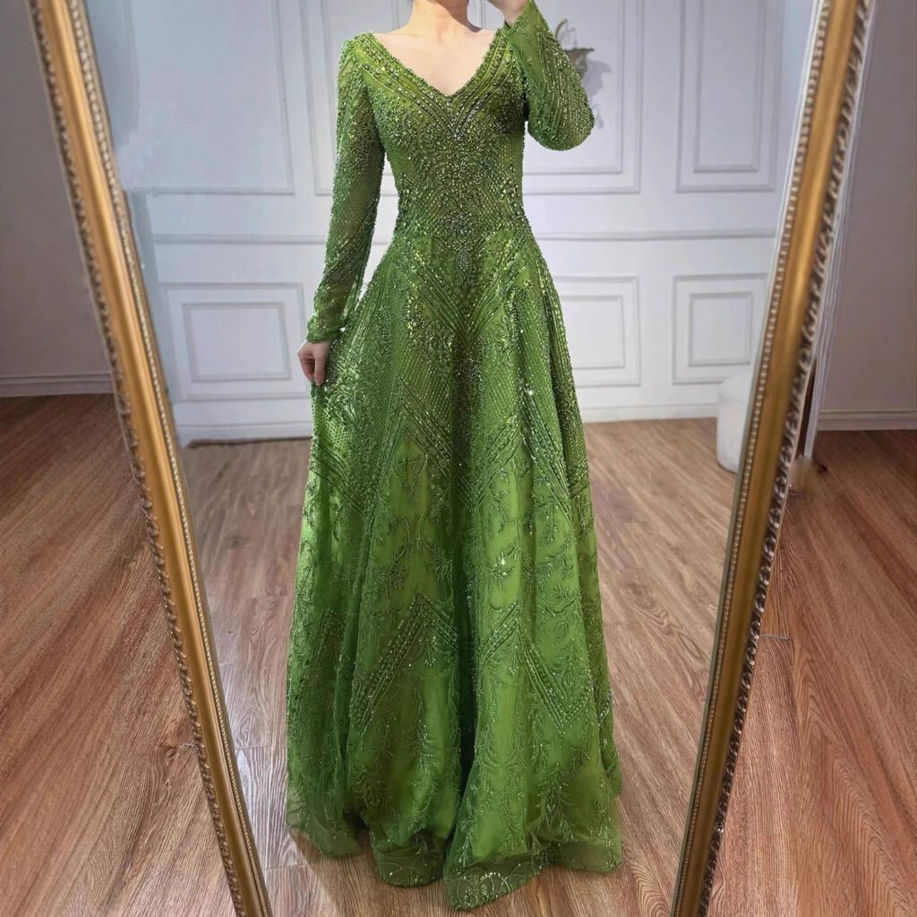 Nove Dress Green Beaded Lace Long Sleeve Evening Dress