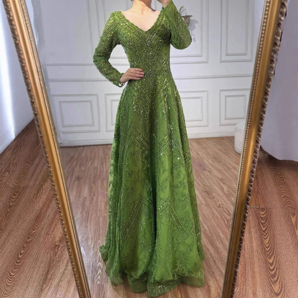 Nove Dress Green Beaded Lace Long Sleeve Evening Dress