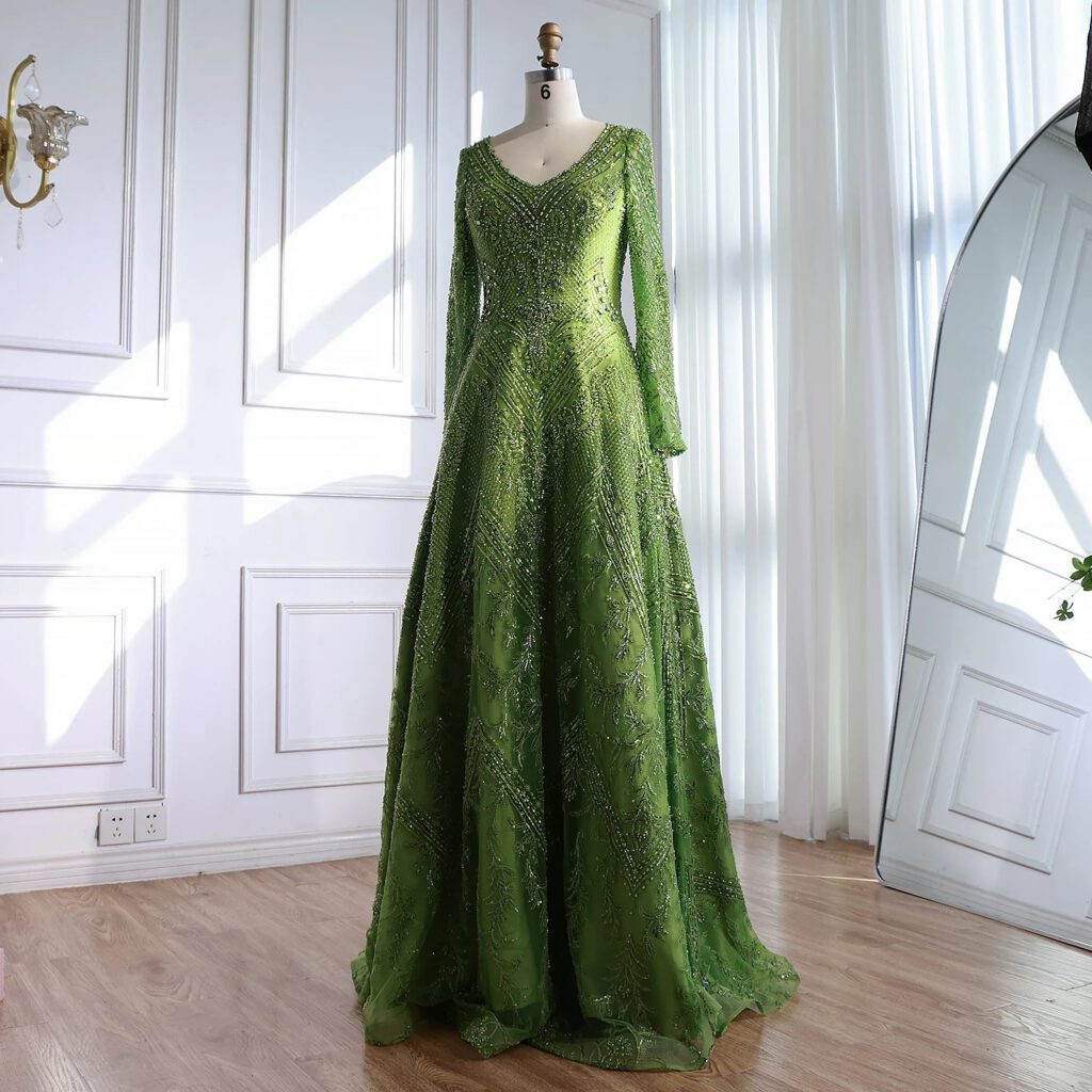 Nove Dress Green Beaded Lace Long Sleeve Evening Dress