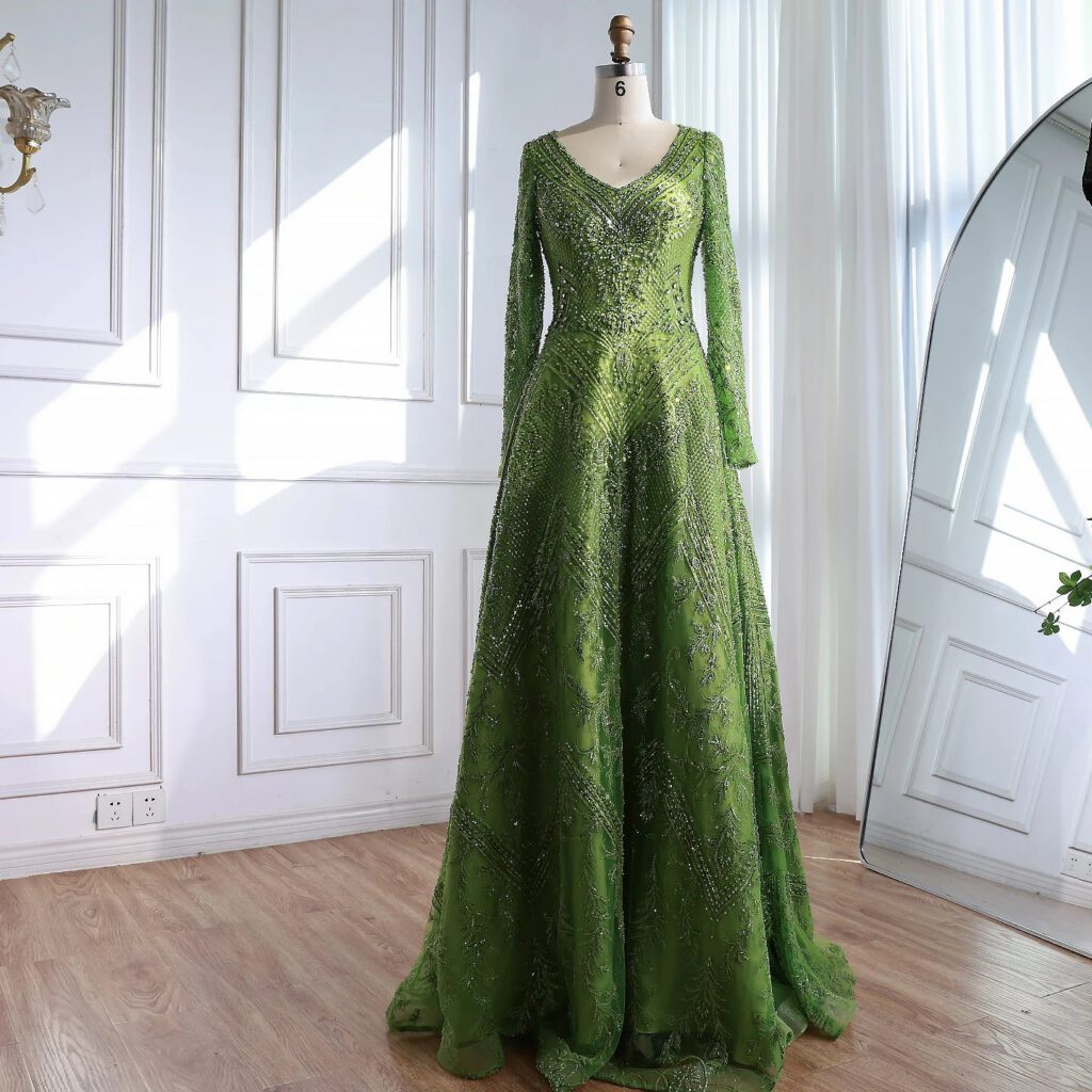 Nove Dress Green Beaded Lace Long Sleeve Evening Dress