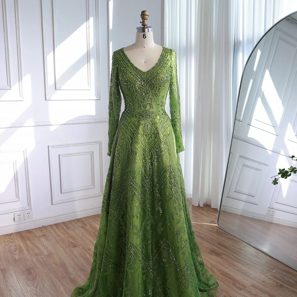 Nove Dress Green Beaded Lace Long Sleeve Evening Dress
