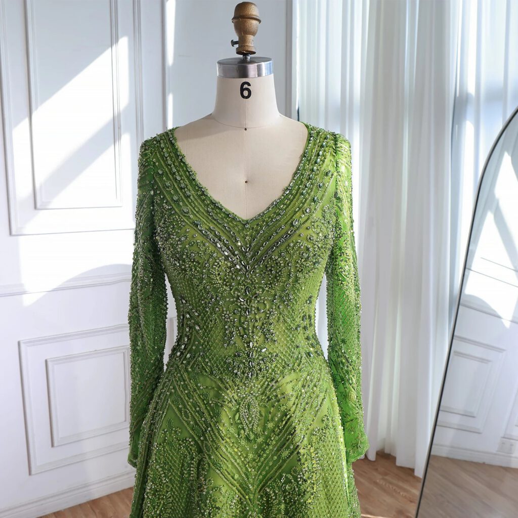 Nove Dress Green Beaded Lace Long Sleeve Evening Dress