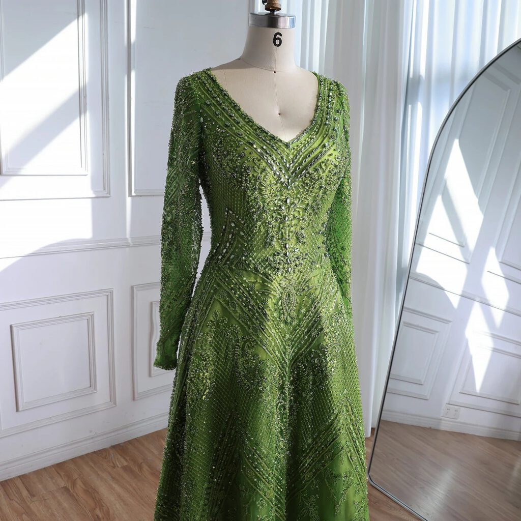 Nove Dress Green Beaded Lace Long Sleeve Evening Dress