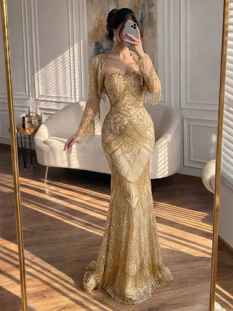 Nove Dress grün Meerjungfrau Abendkleid mit Perlenstickerei und langen Ärmeln