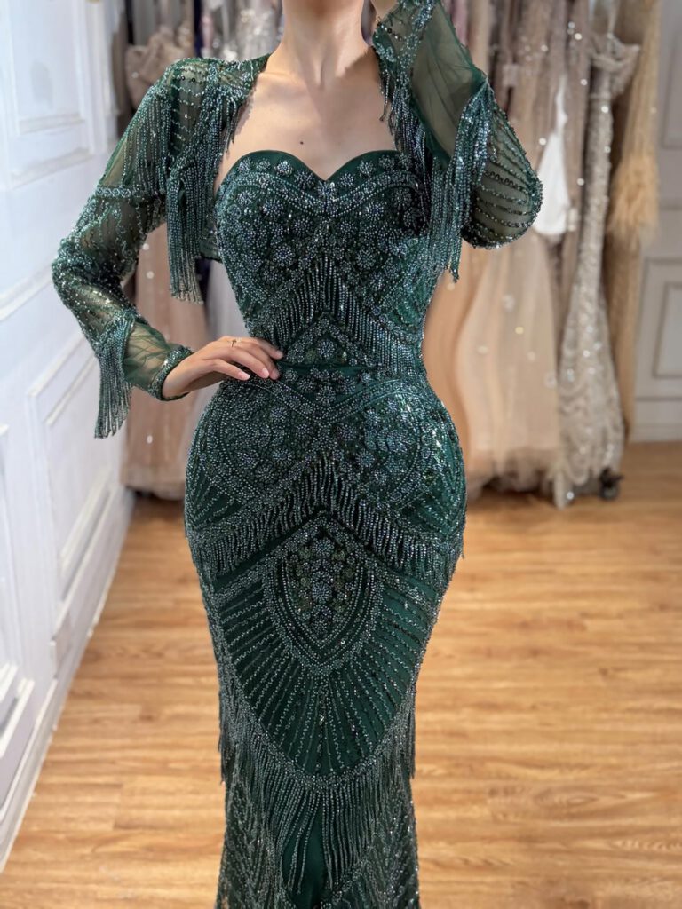 Nove Dress grün Meerjungfrau Abendkleid mit Perlenstickerei und langen Ärmeln