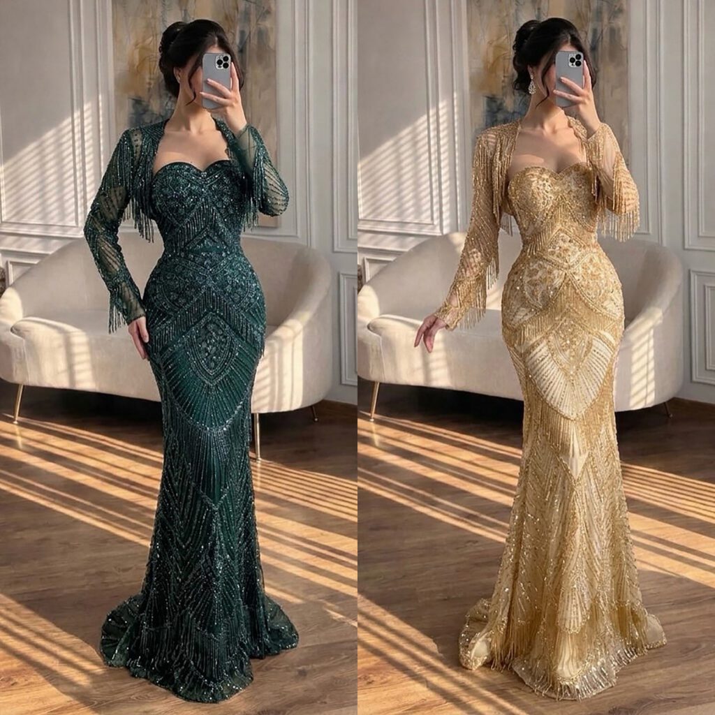 Nove Dress grün Meerjungfrau Abendkleid mit Perlenstickerei und langen Ärmeln