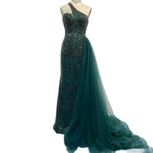 Nove Dress Green Beaded Overskirt One Shoulder Mermaid Evening Dress 1 - Nove Dress