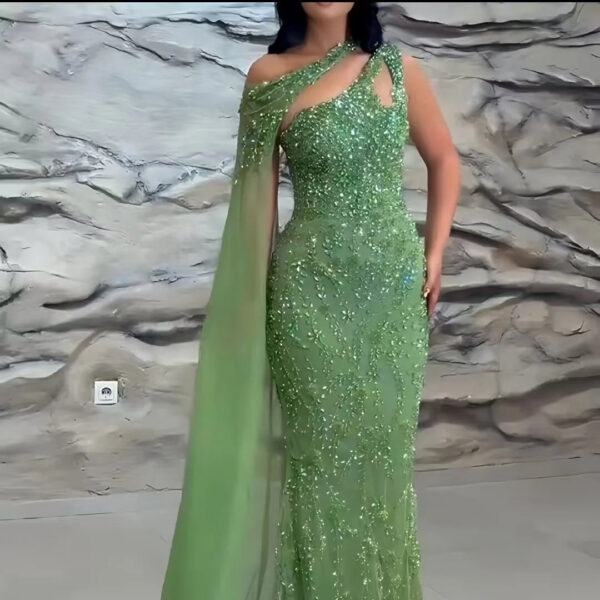 Nove Dress Green Crystal Beaded One Shoulder Mermaid Evening Dress 1 - Nove Dress