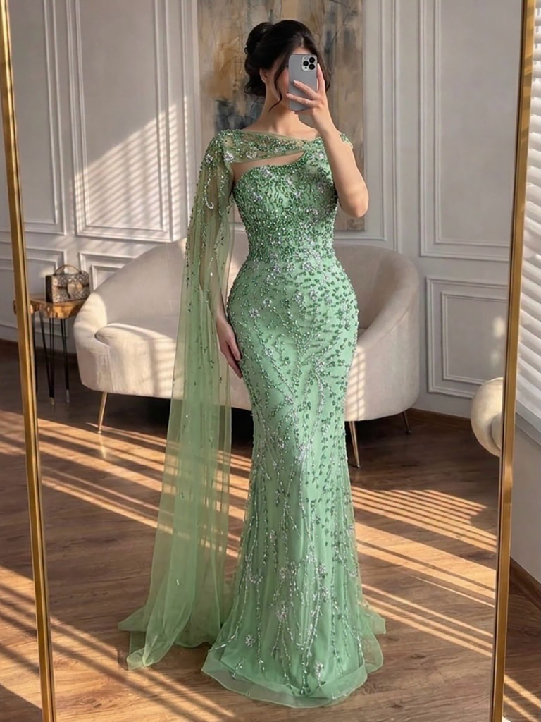 Nove Dress grün Meerjungfrau Abendkleid mit Kristallbesatz und One-Shoulder
