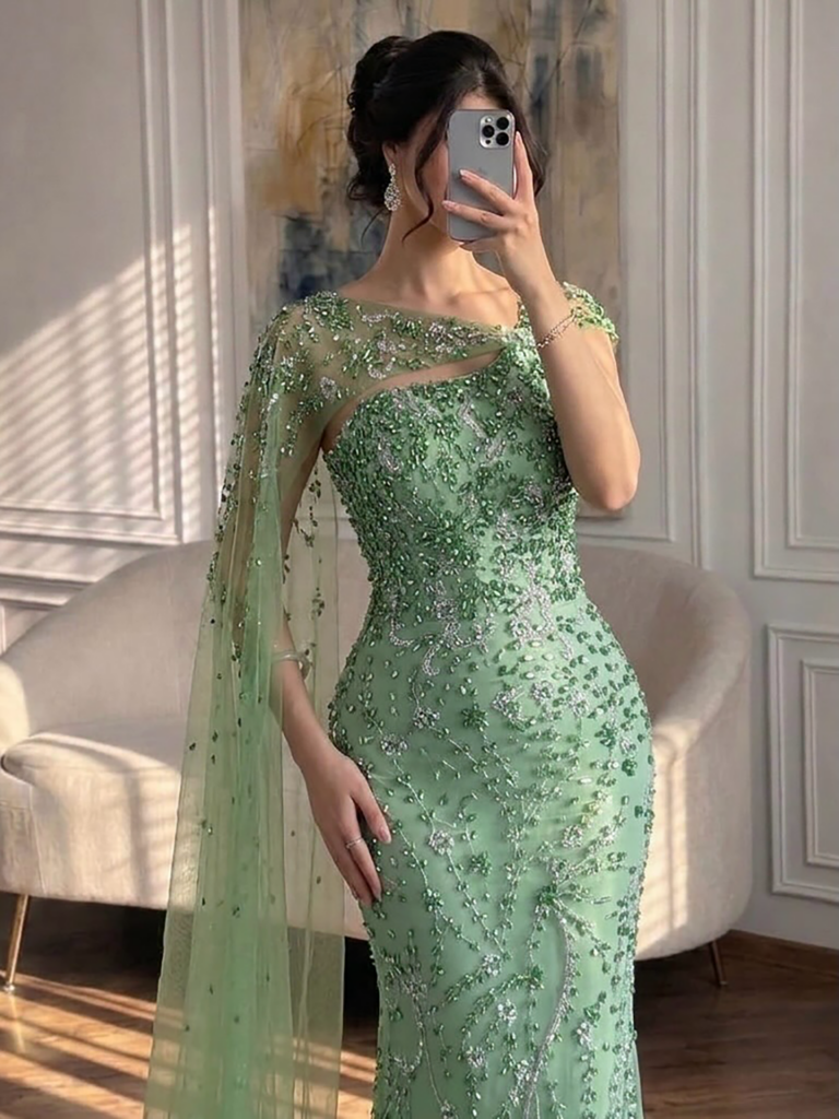 Nove Dress grün Meerjungfrau Abendkleid mit Kristallbesatz und One-Shoulder