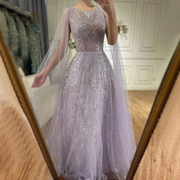 Nove Dress Lilac Beaded Cape Sleeve A-Line Arabic Evening Dress 1 - Nove Dress