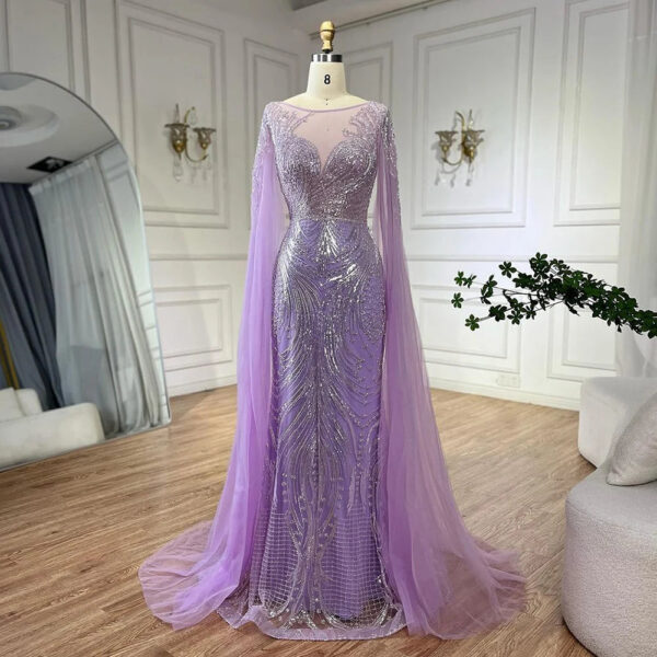 Nove Dress Lilac Beaded Cape Sleeve Mermaid Arabic Evening Dress 1 - Nove Dress
