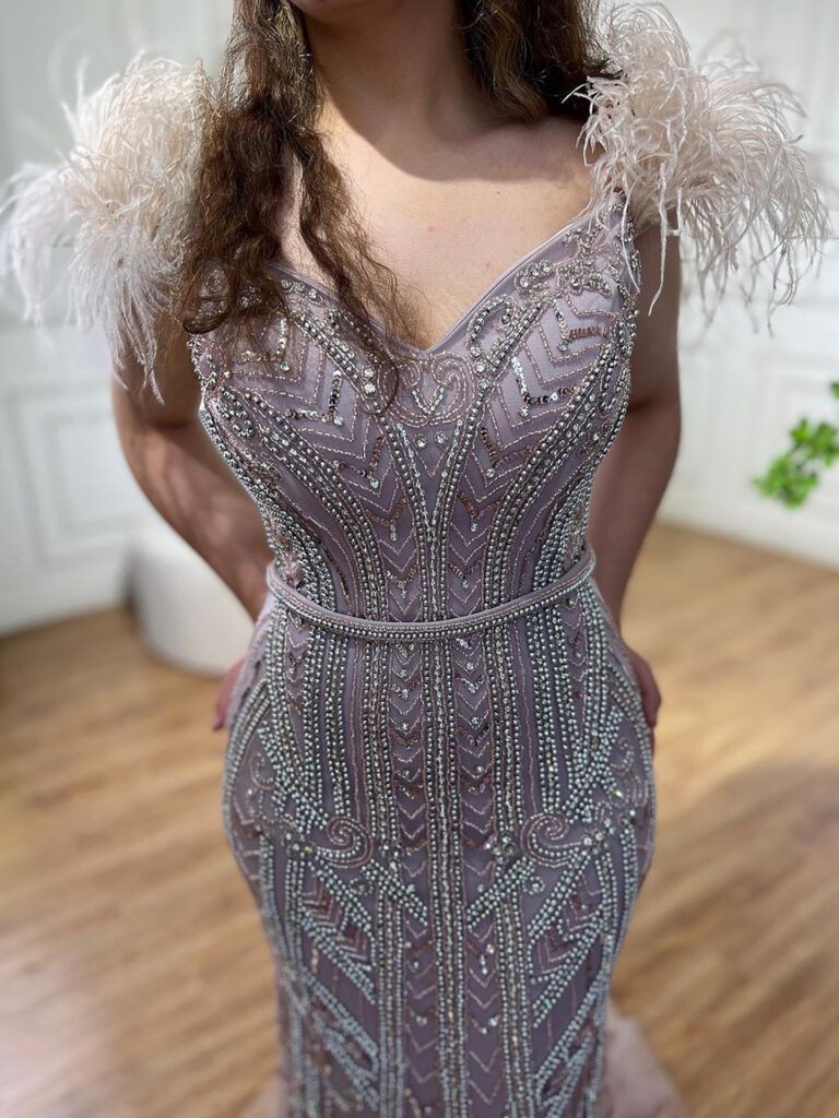 Nove Dress Lilac Beaded Feather Mermaid Evening Dress - Style