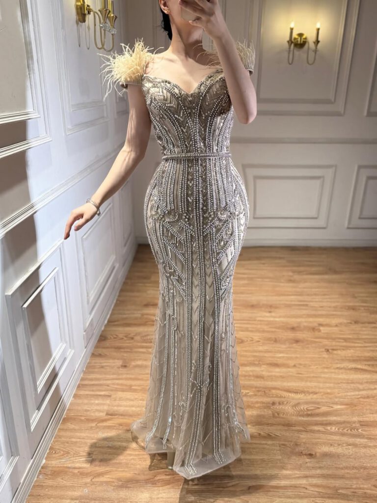 Nove Dress Lilac Beaded Feather Mermaid Evening Dress - Style