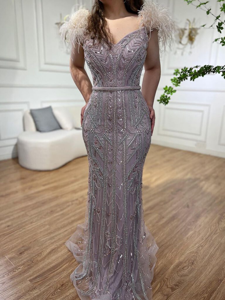 Nove Dress Lilac Beaded Feather Mermaid Evening Dress - Style